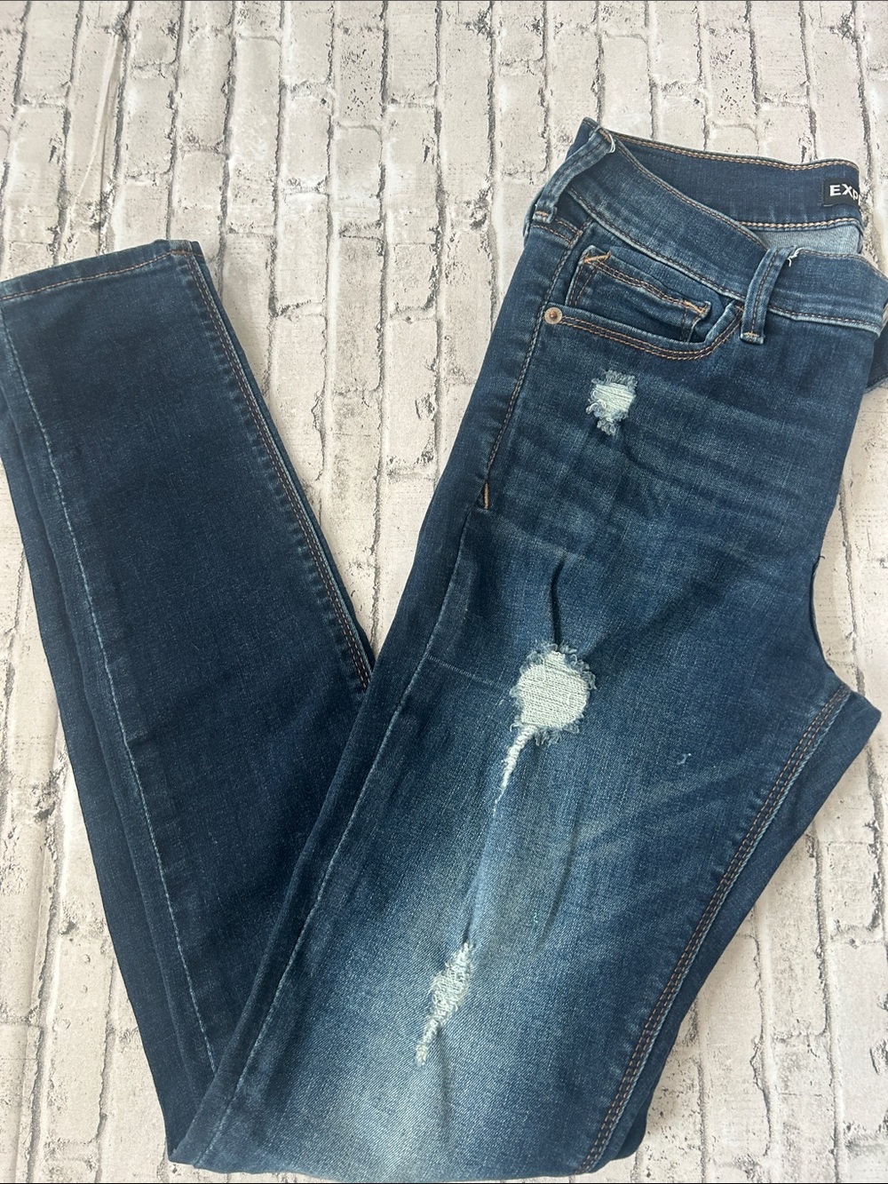 Express Dark Blue Distressed Skinny Jeans